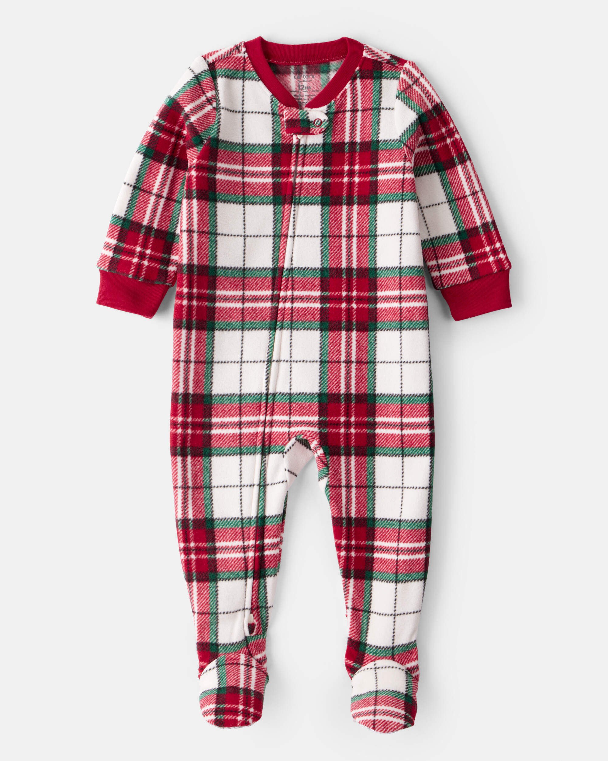 Baby Plaid Print Fleece Long-Sleeve Loose Fit 1-Piece Pajamas