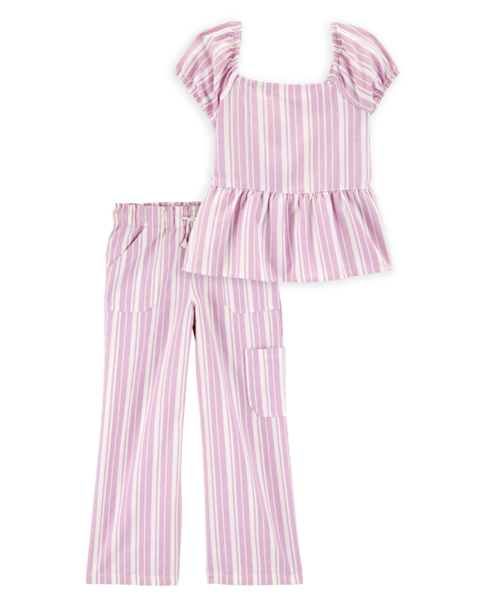 Kid 2-Piece Striped Peplum Top & Drawstring Pants Set - Pink/White