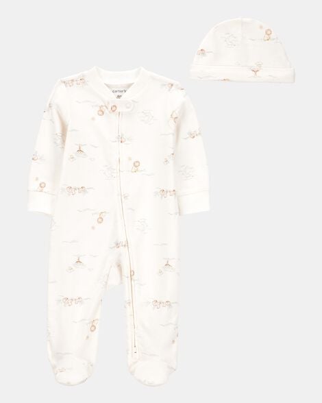 baby boy 2-piece 2-way zip sleep & play & cap set - cream