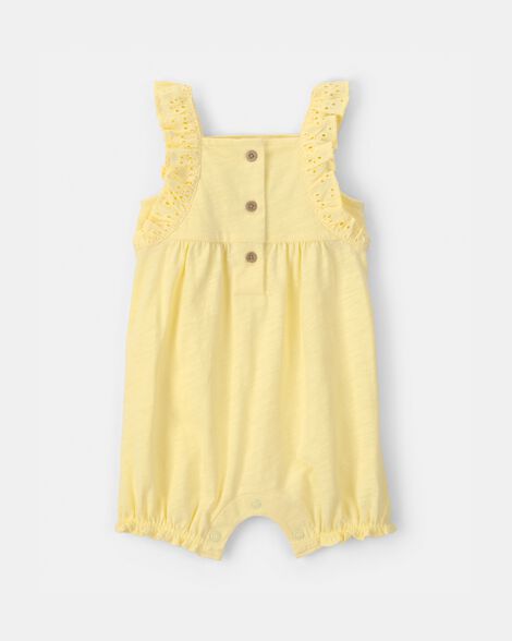 baby girl sleeveless romper with eyelet straps - yellow