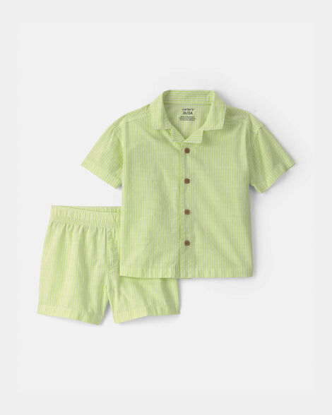 toddler boy 2-piece button-down top & short set - green