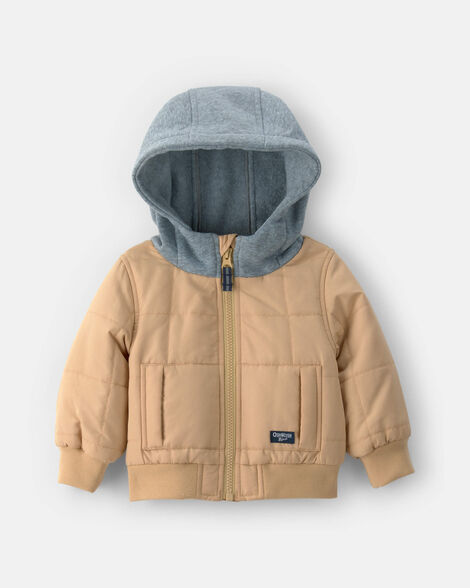 Baby Boy Hooded Midweight Quilted Jacket - Brown