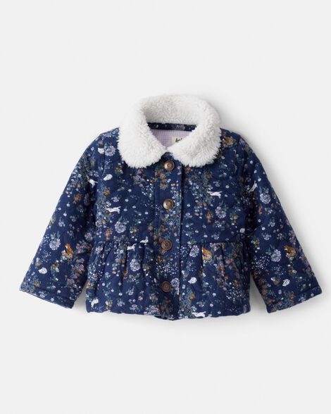 Baby Girl Floral Print Flannel Jacket - Navy