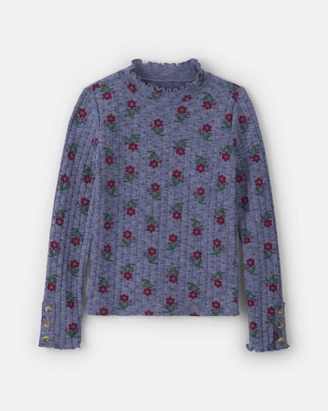 Girls Floral Long-Sleeve Mock Neck Top - Blue/Red