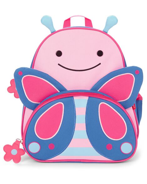 A pink and blue butterfly backpack with wings and a face