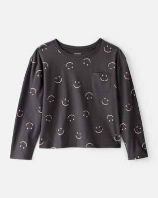 Product image 1 of Girls Smiley Face Print Long-Sleeve Top - Black
