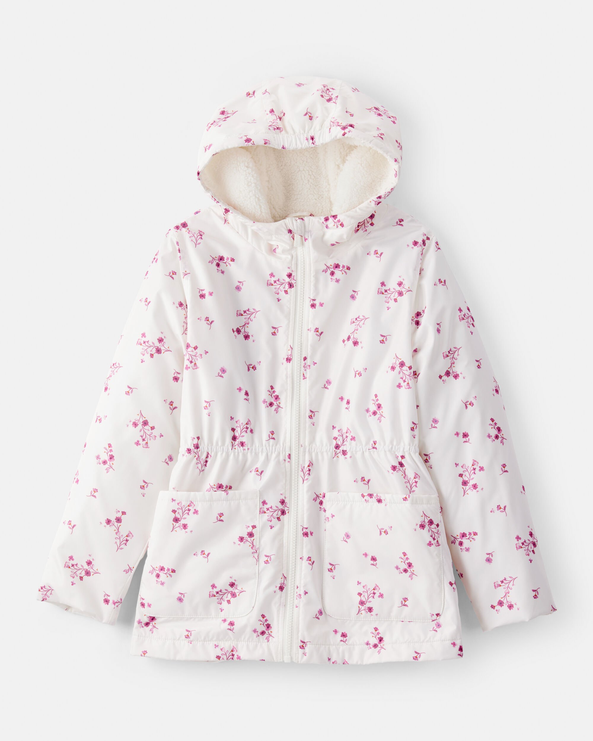 Girls Floral Long-Sleeve Midweight Anorak Jacket - White