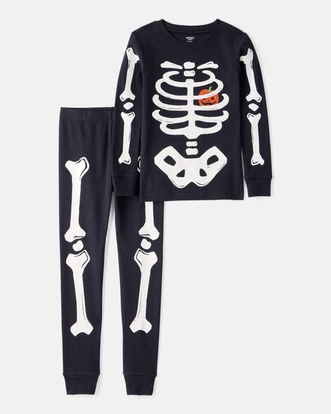 kid 2-piece glow halloween skeleton 100% snug fit cotton pajamas - black
