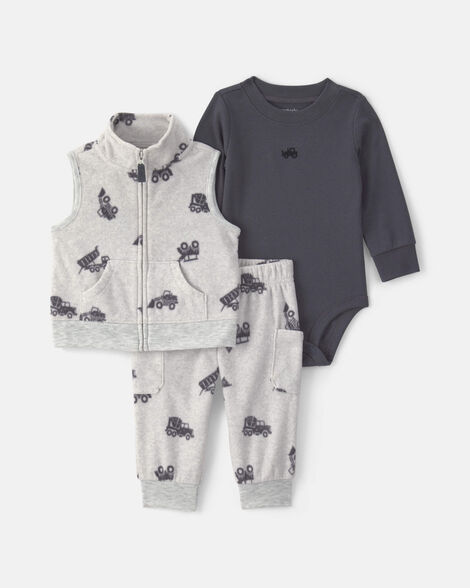 baby boy 3-piece construction fleece layering set - grey