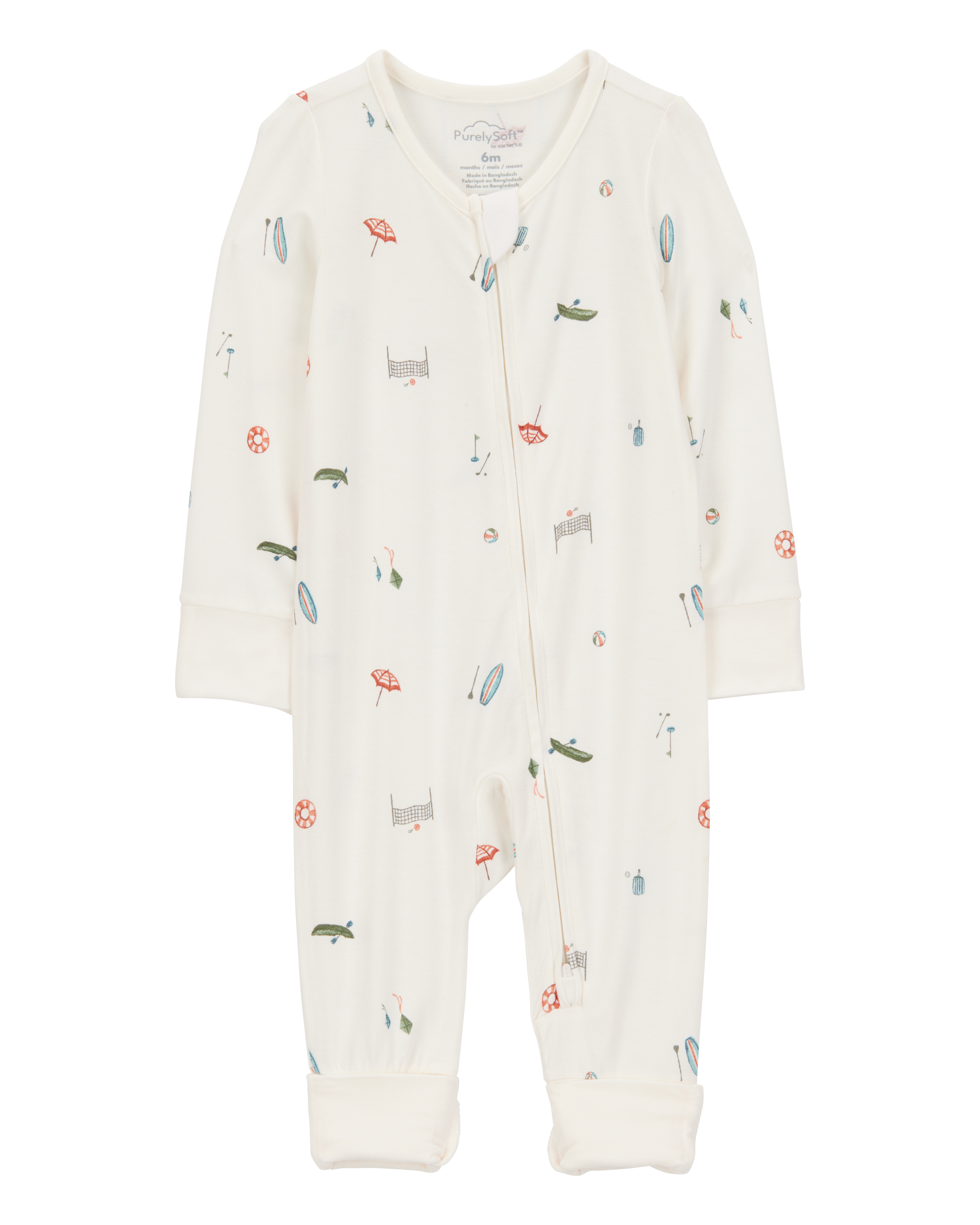 Baby Girl Camp Print 2-Way Zip PurelySoft Convertible Foot Sleep & Play Pajamas - Ivory