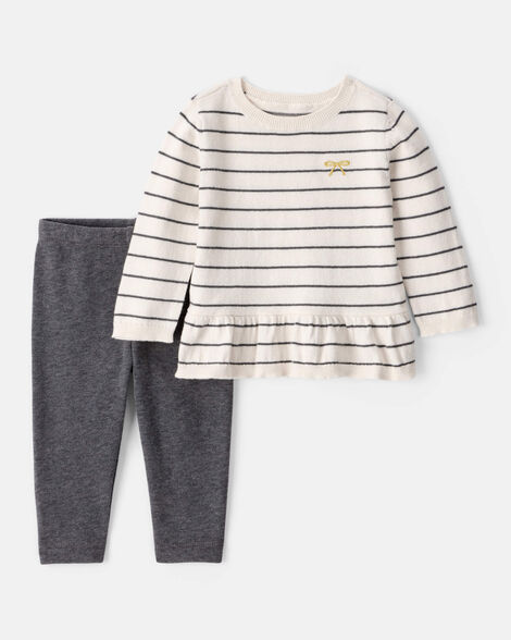 baby girl bow striped long-sleeve tee & pant set - white/grey