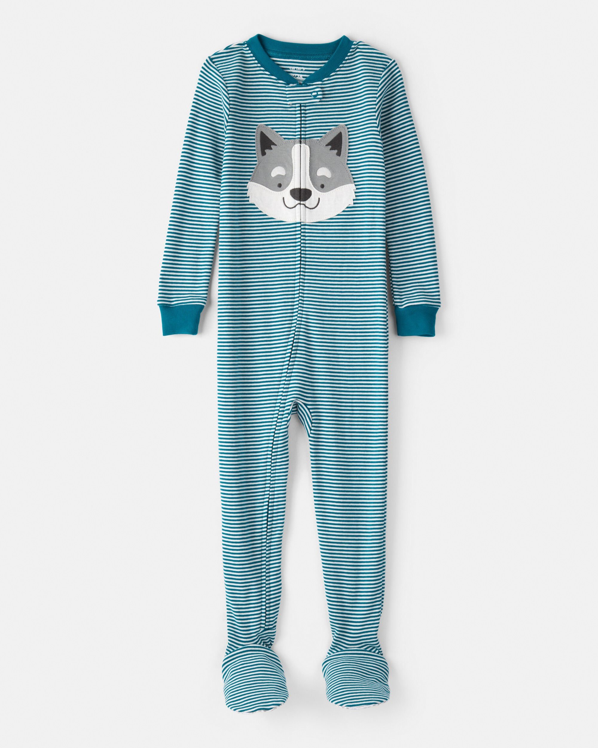 Toddler Boy Dog Striped 100% Cotton Snug Fit Footie 1-Piece Pajamas - Blue