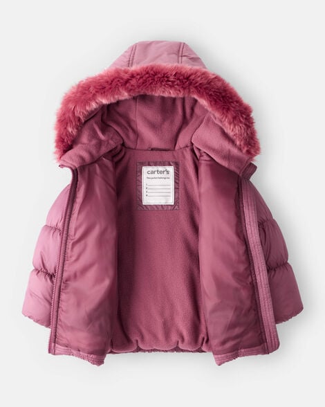 Toddler Girl Hooded Puffer Jacket - Burgundy