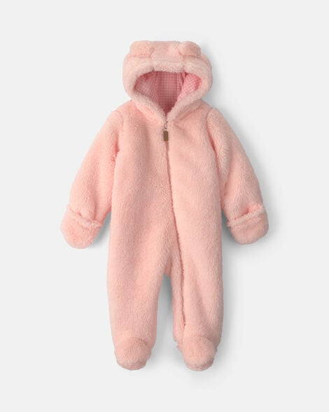 baby girl bear teddy fleece long-sleeve jumpsuit - pink