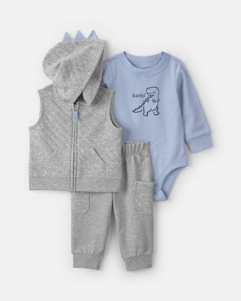baby boy 3-piece dinosaur quilted long-sleeve layering set - grey/blue