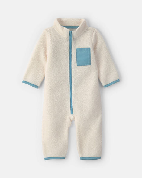 baby boy color block fleece long-sleeve jumpsuit - cream/blue