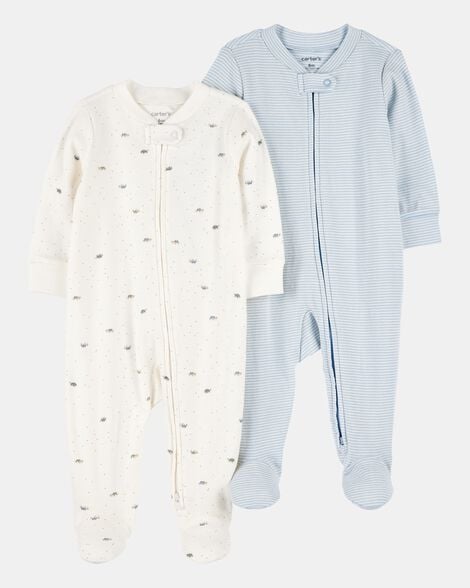 baby boy 2-pack 2-way zip cotton sleep & play pajamas - blue/white