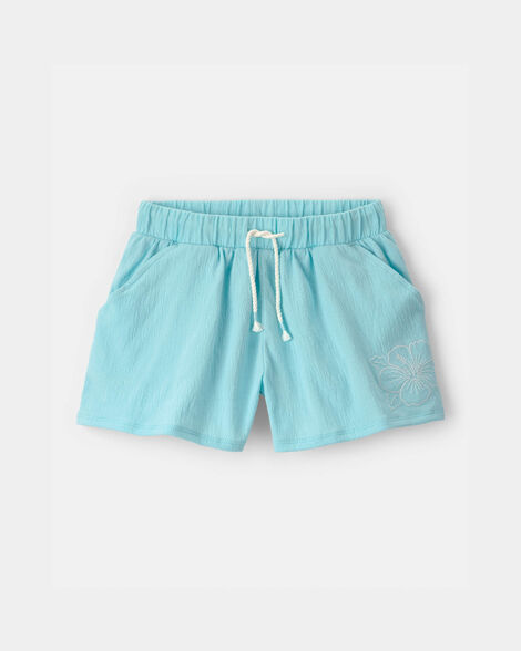 girls floral embroidered gauze shorts - blue