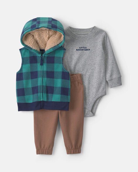 baby boy 3-piece 'little adventurer' buffalo check fleece layering set