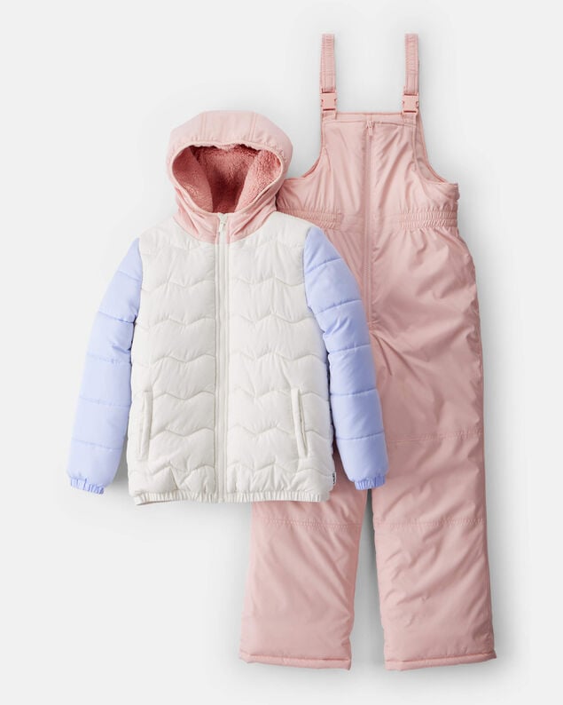 Product image 1 of Girls 2-PIece Color Block Hooded Snowsuit Jacket & Bib Set