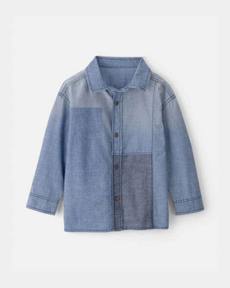 Boys Patchwork Chambray Button-Down Shirt - Blue
