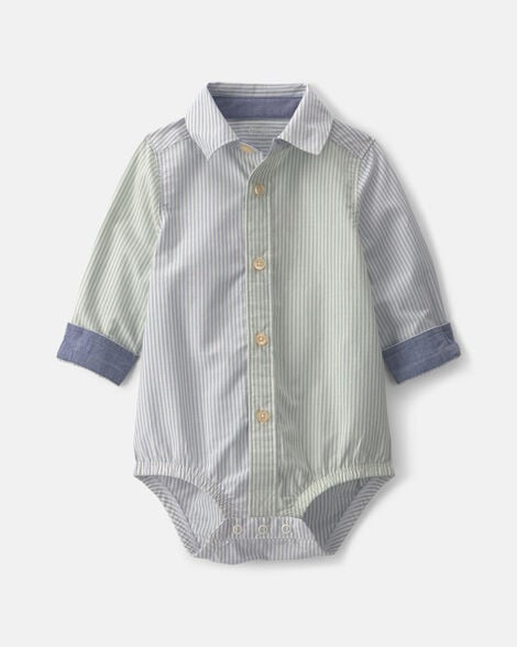 newborn dress shirt Baby boy knit footed Romper take me home outfit / Light blue Shoulder to Crotch Baby Boy Poplin Long-Sleeve Button-Down