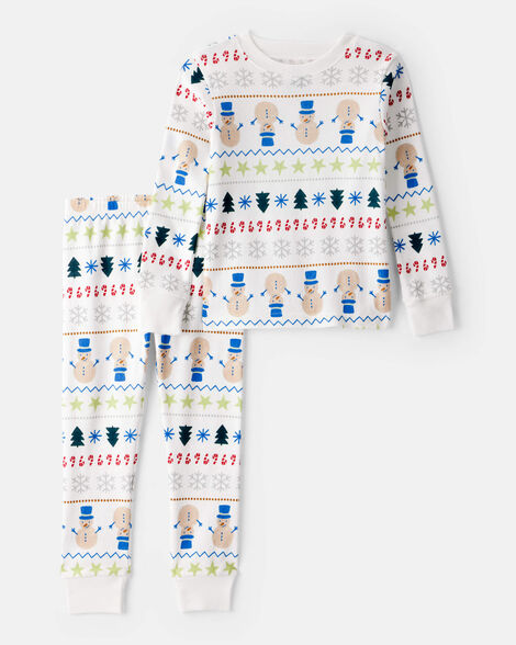 baby snowman fair isle 100% cotton long-sleeve snug fit 2-piece pajamas - white