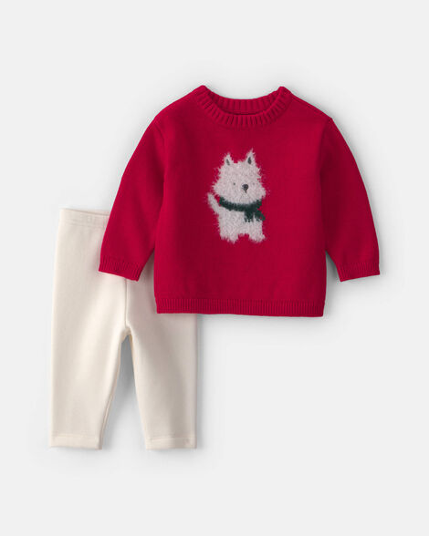 baby girl 2-piece dog sweater & pant set - red/cream