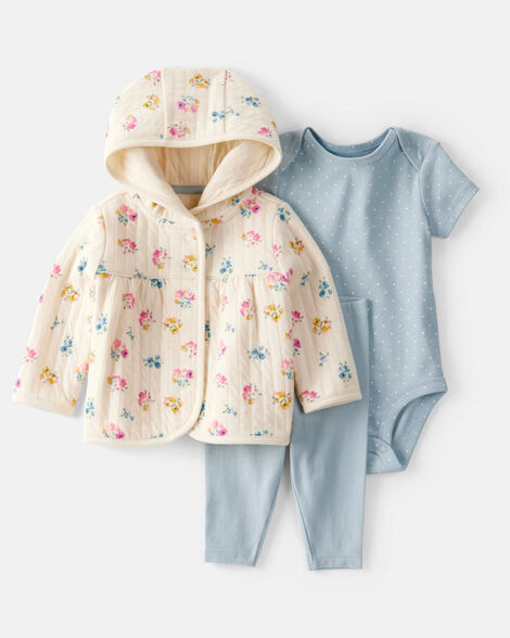 baby 3-piece floral quilted little jacket set - ivory/blue