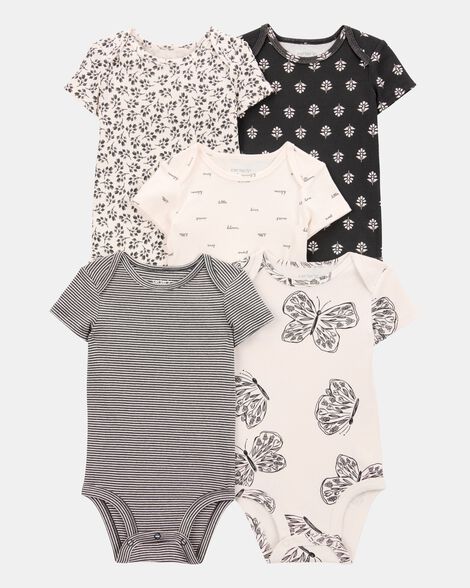 baby girl 5-pack striped butterfly short-sleeve cotton bodysuits - black/white