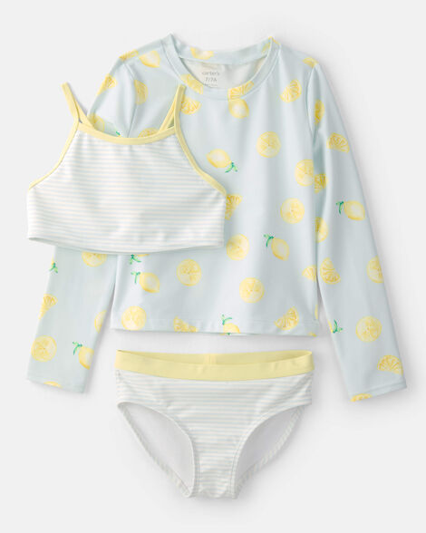 girls 3-piece lemon striped rashguard swimsuit set - blue