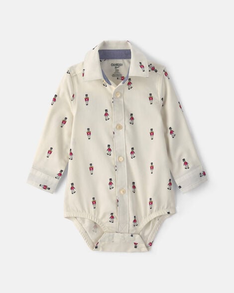 Baby Boy Nutcracker Christmas Long-Sleeve Button-Down Bodysuit - White/Red/Black