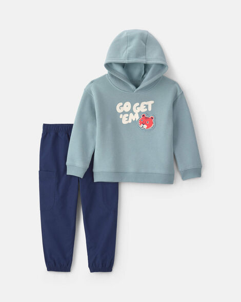 toddler boy 2-piece 'go get em' tiger fleece hooded top & pant set - blue