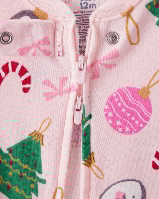 Product image 2 of Baby Girl Christmas Ornament Print 100% Cotton Long-Sleeve 2-Way Zip 1-Piece Pajamas - Pink