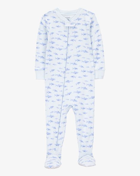 Product image 1 of Toddler Boy 1-Piece Shark 100% Snug Fit Cotton Footie Pajamas - White/Blue