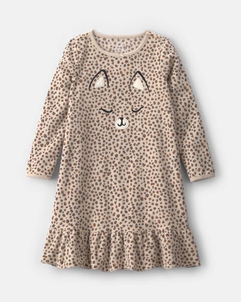 girls leopard fleece loose fit night gown - brown