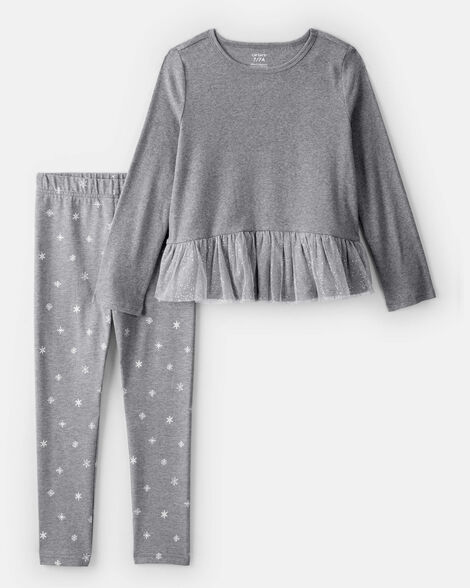 girls 2-piece snowflake print long-sleeve tee & pant set - grey