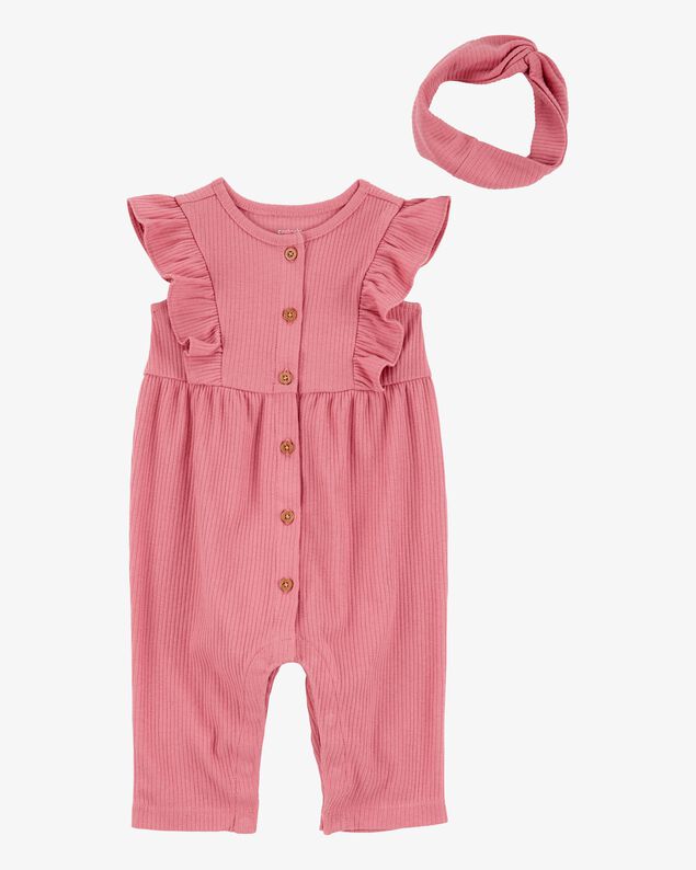 Product image 1 of Baby Girl 2-Piece Solid Flutter-Sleeve Relaxed Fit Jumpsuit & Headwrap Outfit Set - Pink
