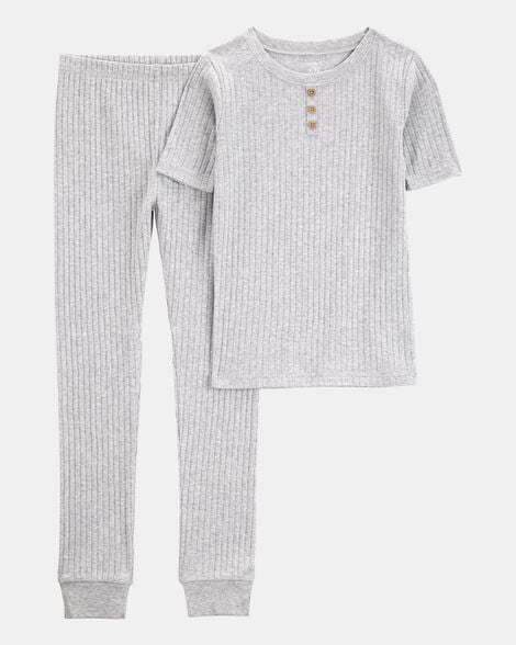kid solid ribbed cotton blend 2-piece pajamas - grey