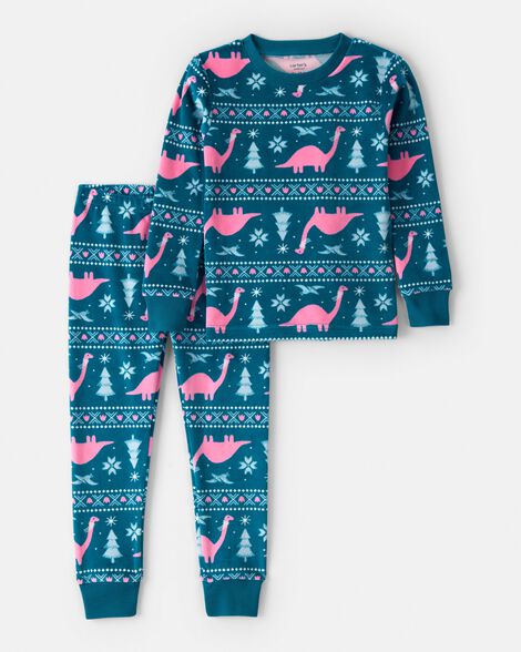 toddler girl dinosaur dreamplush long-sleeve snug fit 2-piece pajamas - teal