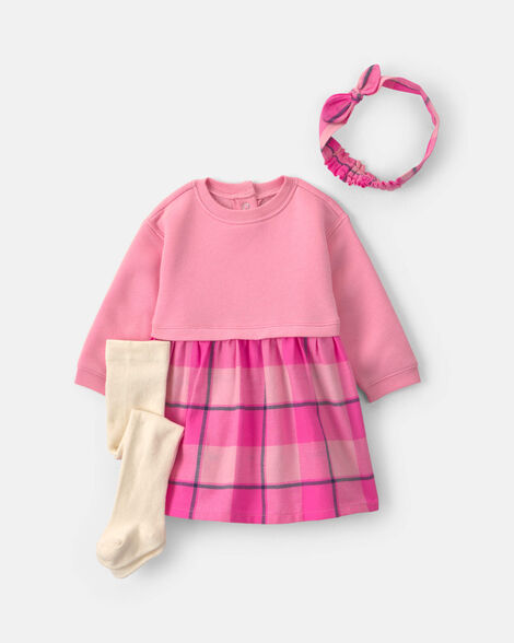 baby girl 3-piece buffalo check flannel long-sleeve dress set - pink