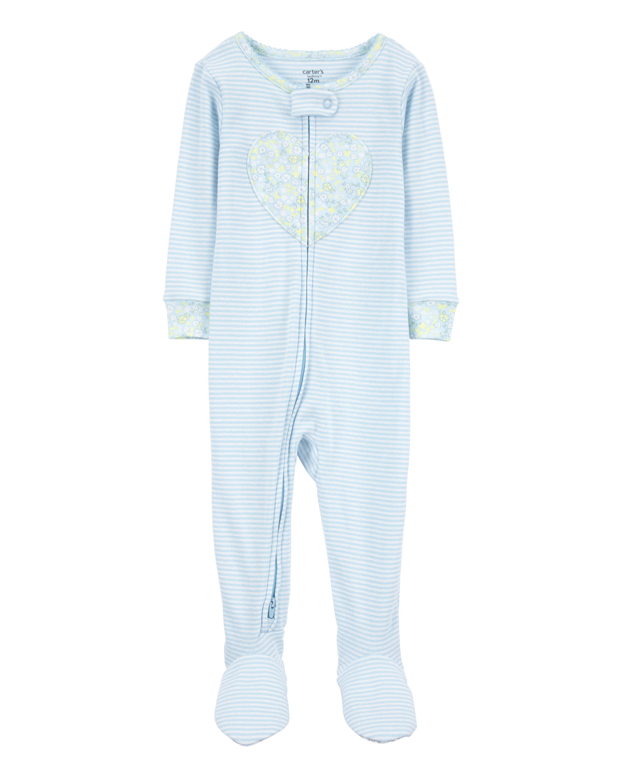 Toddler Girl Heart Striped Snug Fit Cotton Footie 1-Piece Pajamas - Blue