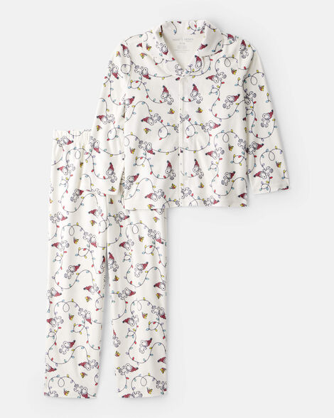 kid peanuts snoopy print fleece long-sleeve loose fit 2-piece pajamas - white