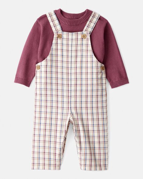 baby boy 2-piece plaid overall set - maroon/ivory