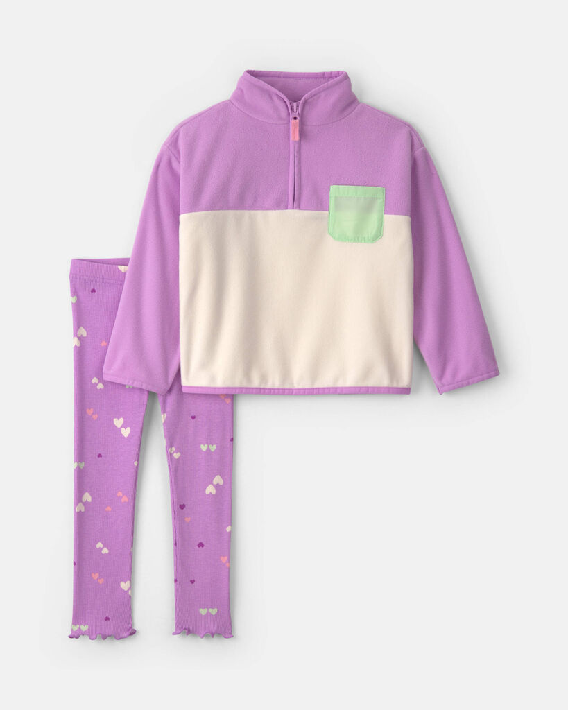 Carter's Toddler Girls' 2T-5T Heart-Print Fleece Long-Sleeve Top and Pants, 2-Piece Set - Purple/Cream