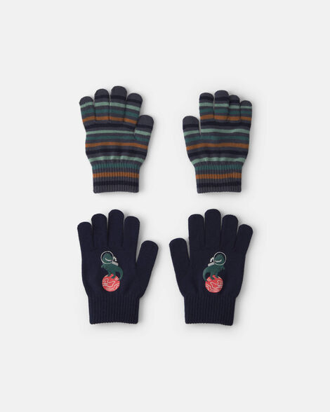 boys 2-pack astronaut dinosaur striped mittens - black/blue