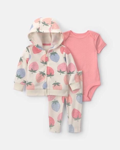 baby girl 3-piece strawberry fleece long-sleeve layering set - pink/cream