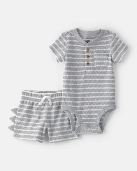 baby boy 2-piece dino spikes waffle-knit short-sleeve bodysuit & short set - grey