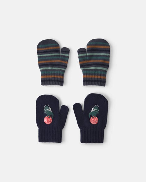 toddler boy 2-pack astronaut dinosaur striped mittens - black/blue