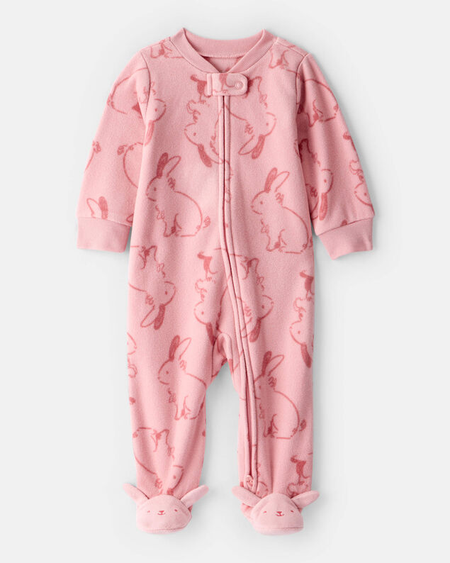 Product image 1 of Baby Girl Bunny Print Fleece Long-Sleeve Loose Fit Sleep & Play Pajamas - Pink